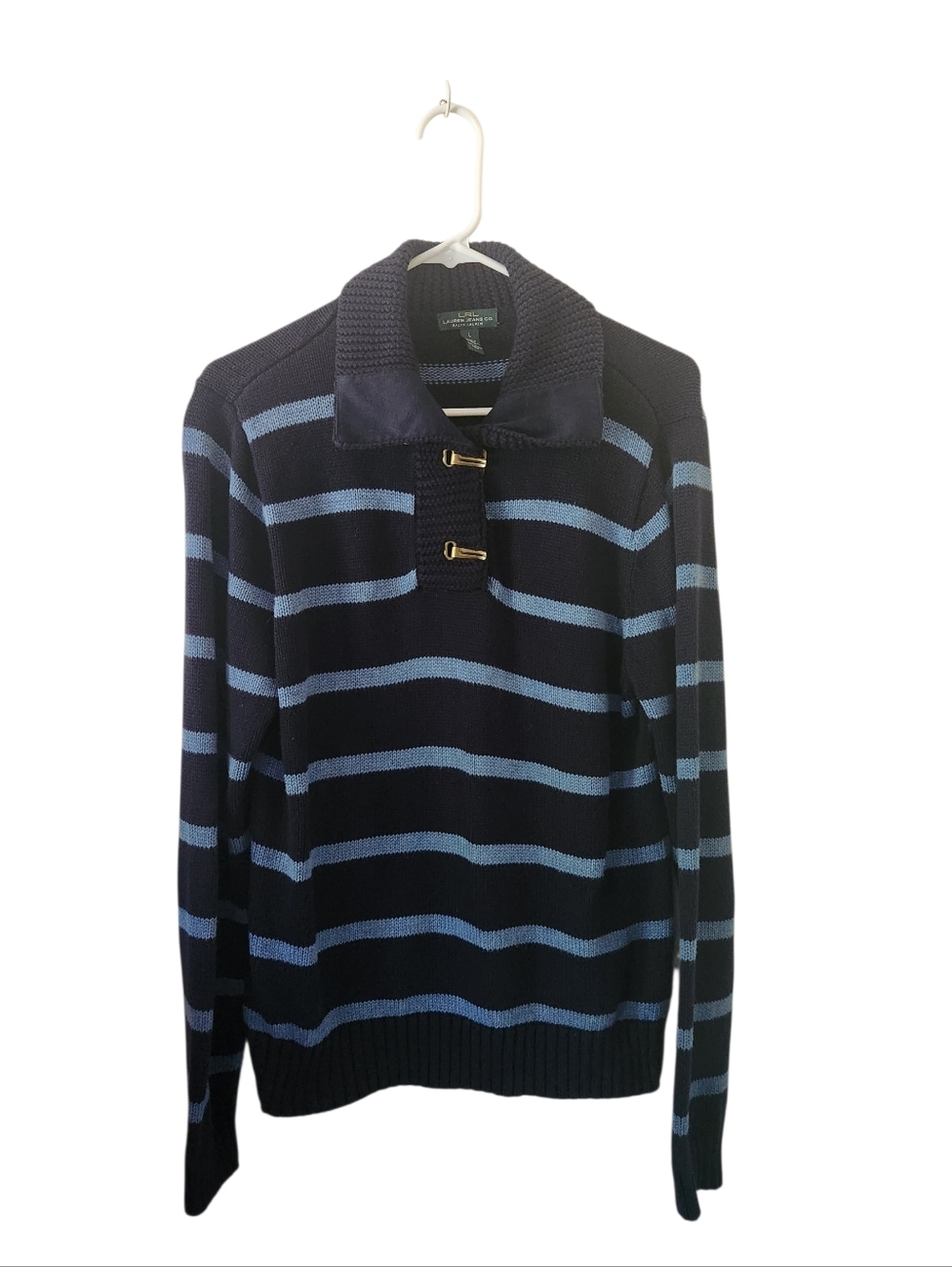 LRL Ralph Lauren Jeans Co Blue Striped Gold Toggle Sweater